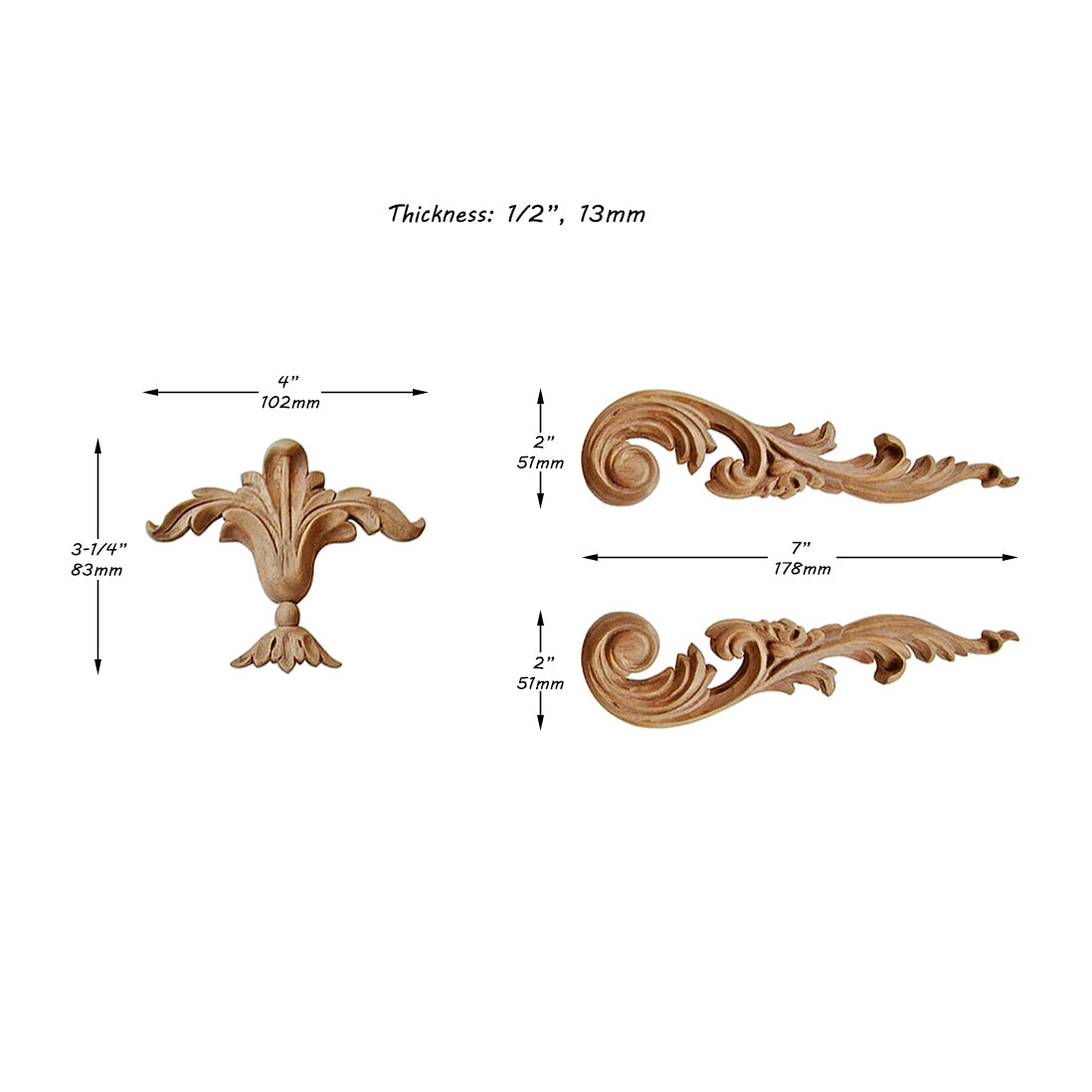 Acanthus Scroll Carved Wood Appliques Onlay, Supplied in 3 Parts