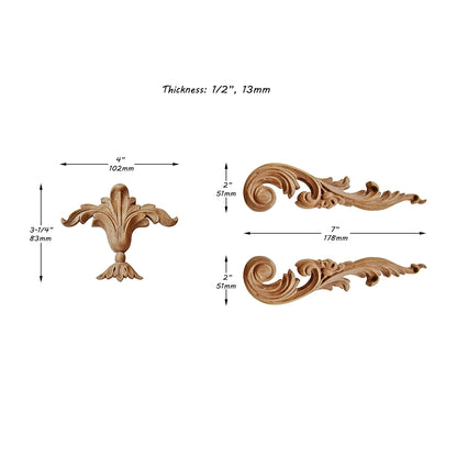 Acanthus Scroll Carved Wood Appliques Onlay, Supplied in 3 Parts