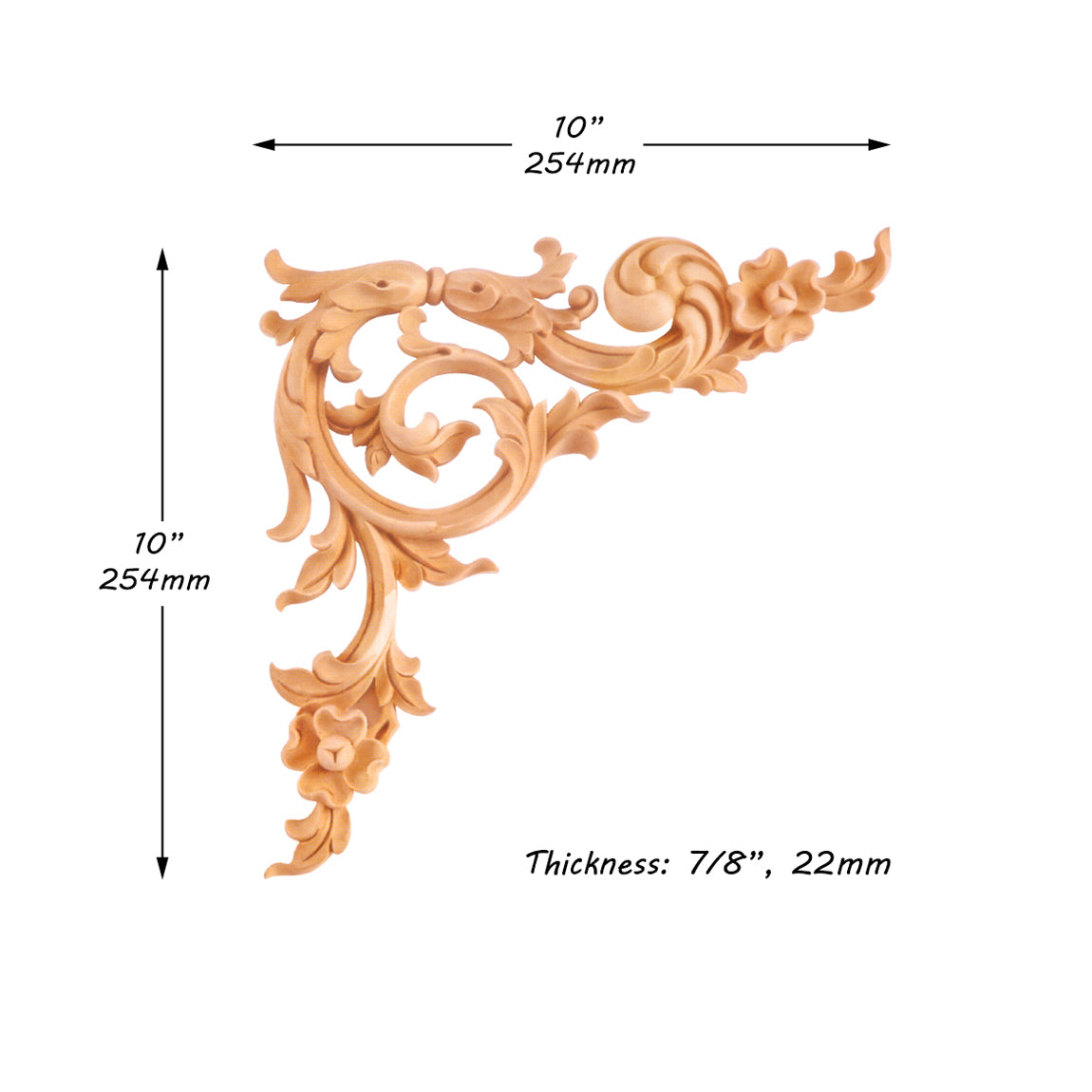 PAIR of Delicate Floral Scroll Carved Wood Corners, Panel Appliques, Furniture Onlays, Available from 6" to 10", Unfinished