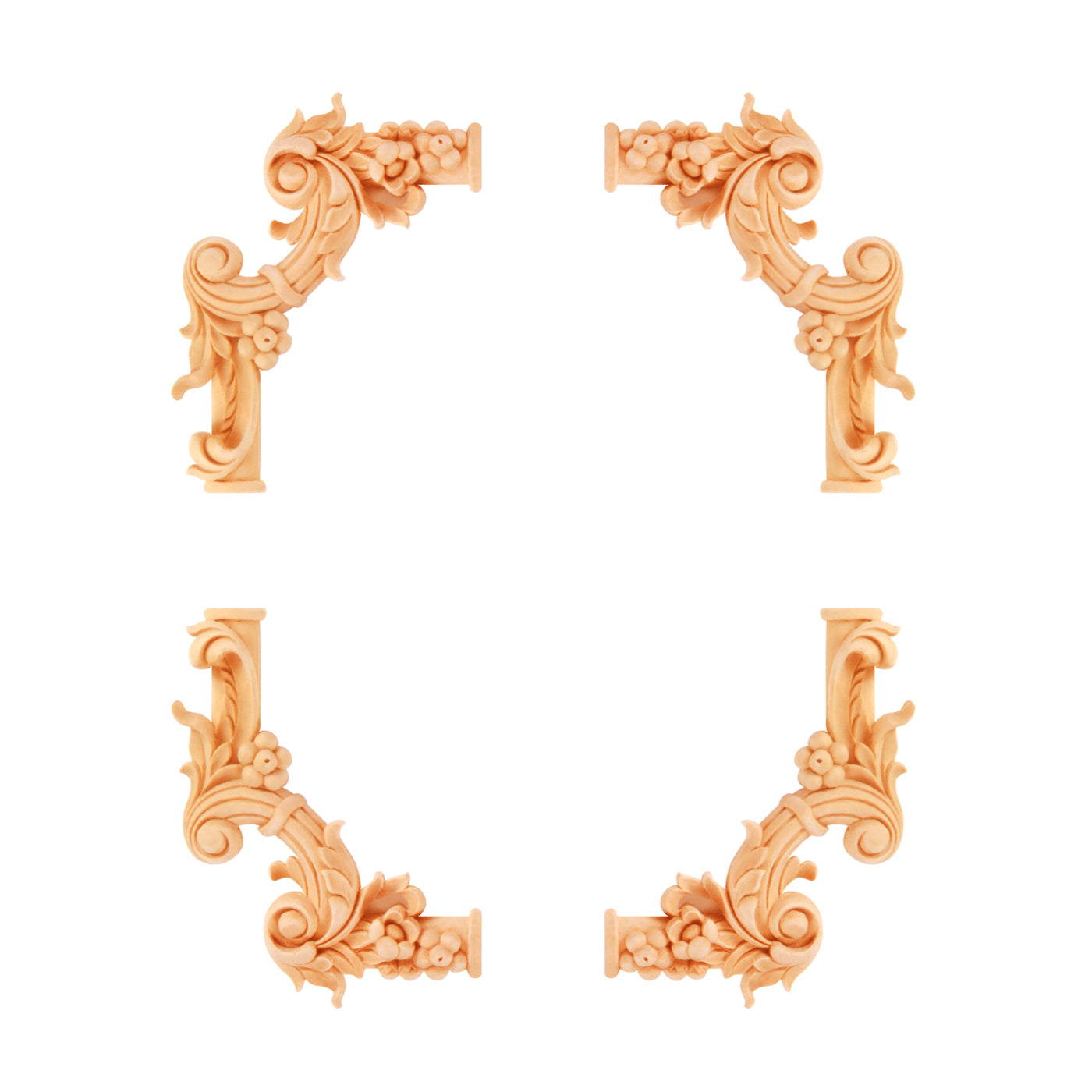 PAIR of Floral Carved Corner Wood Onlay for Half-round Panel Moulding, 6-1/8"x5-1/4"