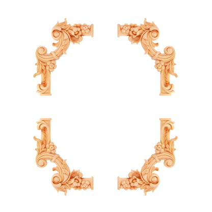 PAIR of Floral Carved Corner Wood Onlay for Half-round Panel Moulding, 6-1/8"x5-1/4"