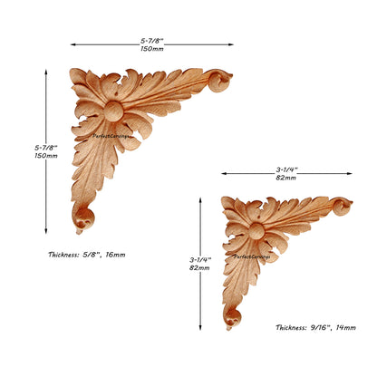 PAIR of Pearl Leaf Carved Wood Corner Applique, 3-14" & 5-78"