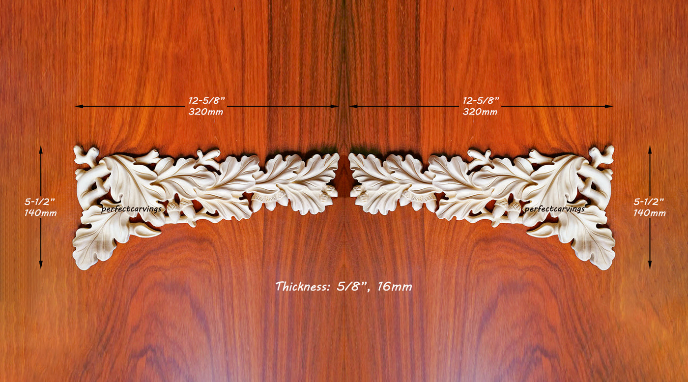 PAIR of Acorn Carved Wood Corner Appliques for Rangehood, 12-5/8"Wx5-1/2"H, Mirror Pair