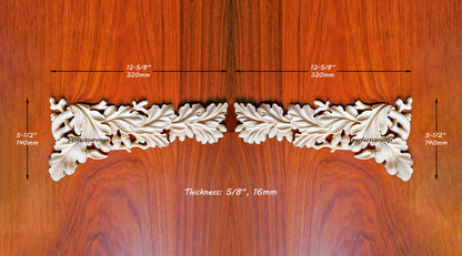 PAIR of Acorn Carved Wood Corner Appliques for Rangehood, 12-5/8"Wx5-1/2"H, Mirror Pair
