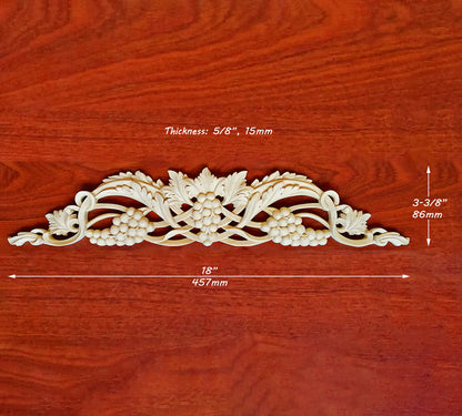 Interwoven Ribbon and Grapevine Carved Applique, Onlay for Furniture, Available from 12" to 22-3/4" Wide, Single