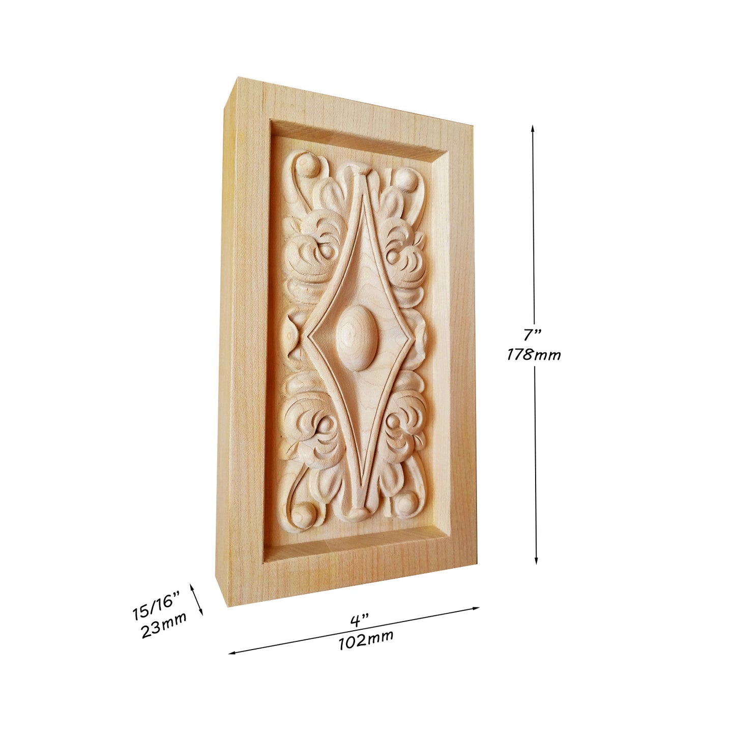 PAIR of Gem Leaf Carved Plinth Wood Corner Block Onlay, 4"Wx7"H