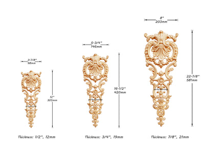 PAIR of Floral Shell Scroll Carved Drop Wood Onlays for Door and Panel, Available in 12", 16-1/2" & 22-7/8"High