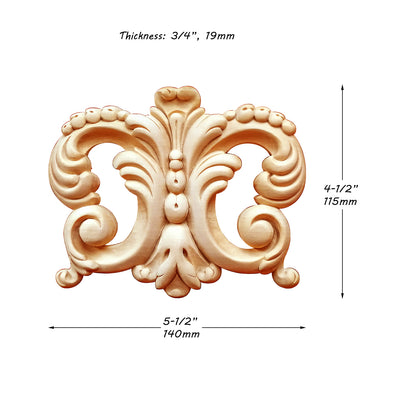 PAIR of Leaf Scroll Bell Flower Carved Central Wood Applique,  5-1/2"Wx4-1/2"H