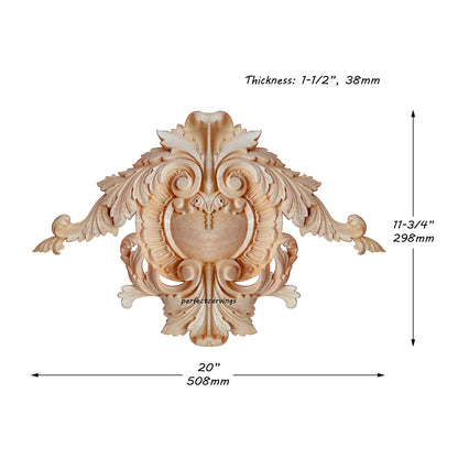 Deep Relief Pearl & Acanthus Carved Wood Pediment Cartouche Wall Decor, Available in 3 Sizes, Single
