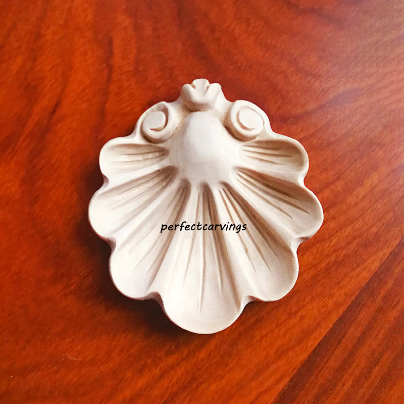 PAIR of Scroll Shell Carved Wood Appliques Furniture Onlays, 3-1/4