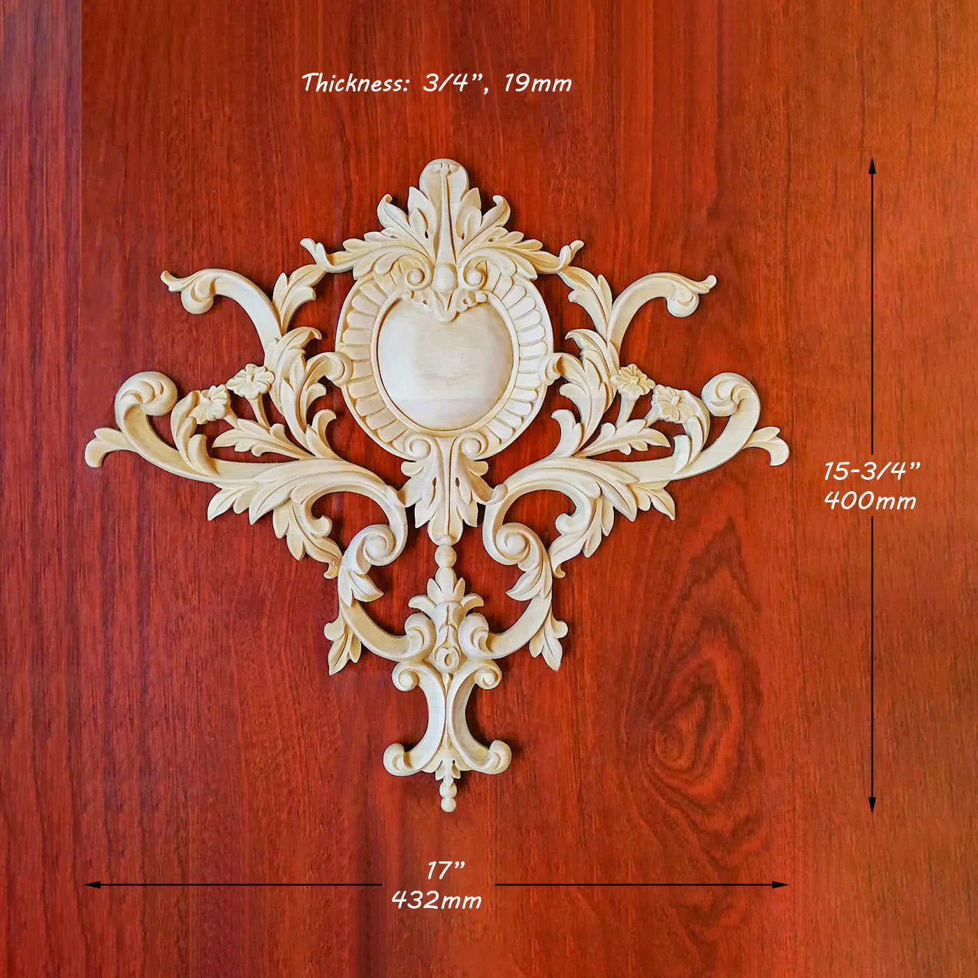 Leaf Scroll Pearl Carved Wood Applique for Wall, Panel and Door,  17"Wx15-3/4"H, Single