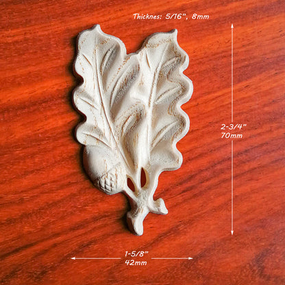 PAIR of Wood Carved Mini Acorn Leaves, Mirror Pair,  1-5/8"Wx2-3/4"H