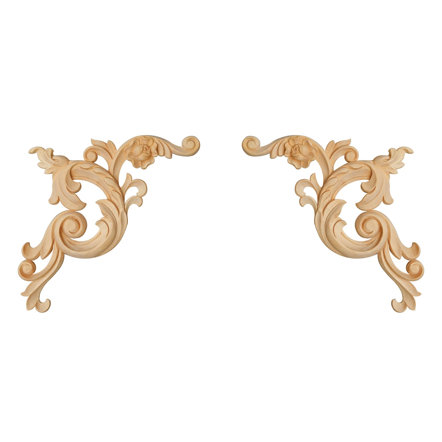 PAIR of Wood Carved Scrolled Leaf & Rose Corner Appliques for Panel, Available in 3 Sizes
