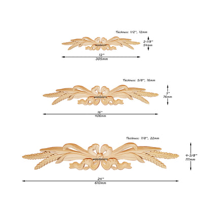 Delicate Carved Wheat Ribbon Wood Applique Onlay, Available in 12", 16" & 24" Wide, Single