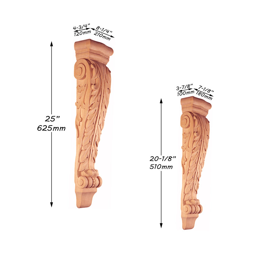 PAIR of Classic Acanthus Leaf Carved Wood Corbels, Available from 6-1/4" to 25" High, Unfinished