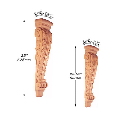 PAIR of Classic Acanthus Leaf Carved Wood Corbels, Available from 6-1/4" to 25" High, Unfinished