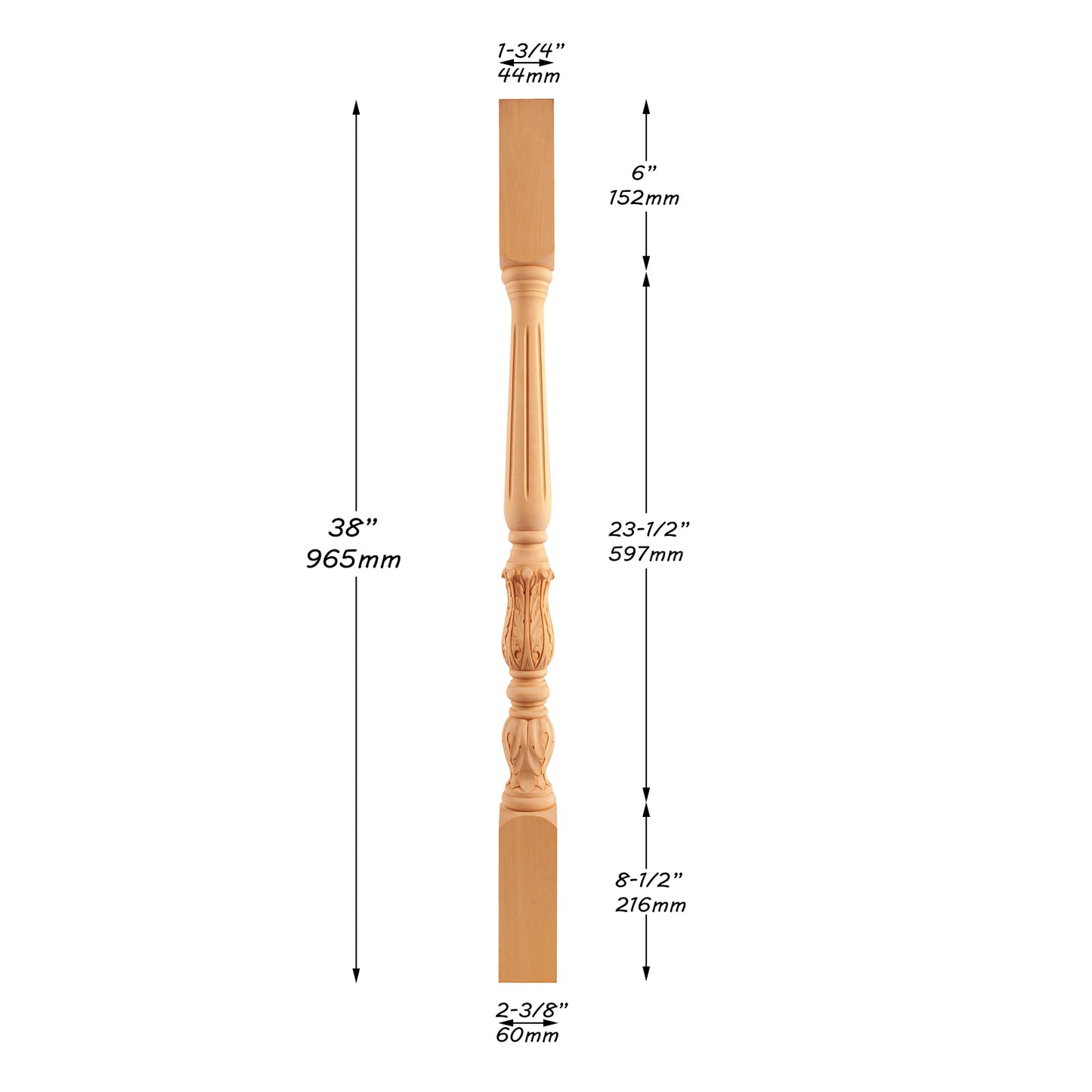 Set of 4,  SPD-02 Solid Carved Fluted Acanthus Stair Balusters, 38"High, Unfinished