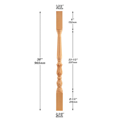 Set of 4,  SPD-02 Solid Carved Fluted Acanthus Stair Balusters, 38"High, Unfinished