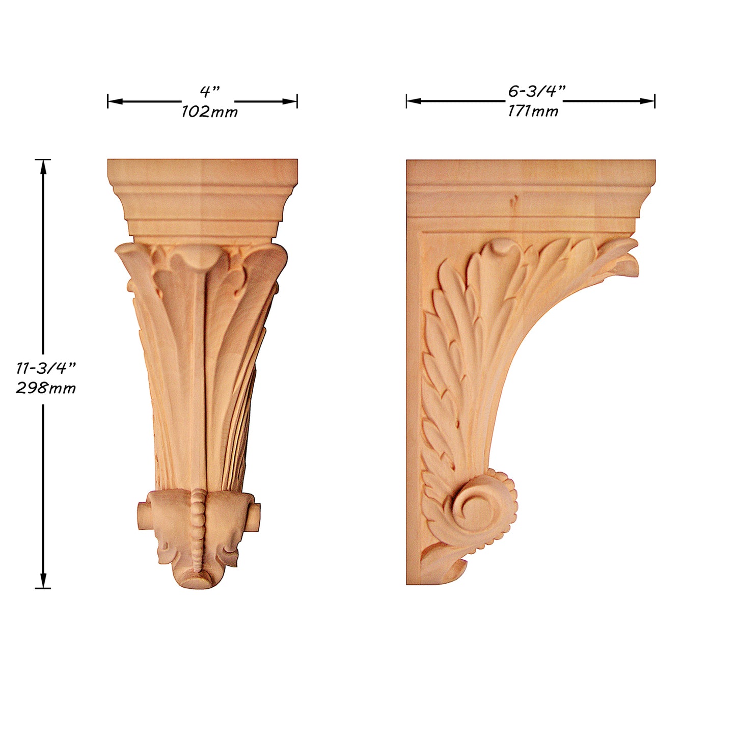 PAIR of Wood Carved Feather Leaf Carved Wood Corbels, Available in 9", 11-3/4" & 13-3/4" High