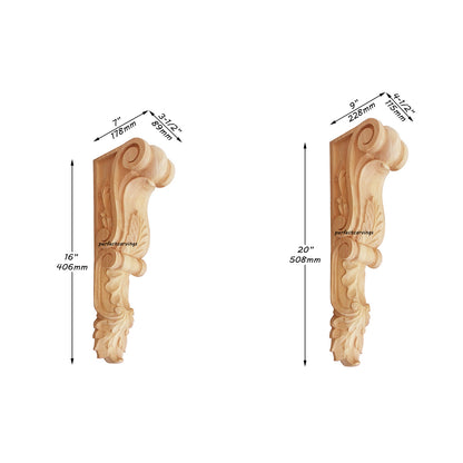PAIR of Tongue Leaf Carved Wood Corbels, Available from 9" to 20" High, Unfinished