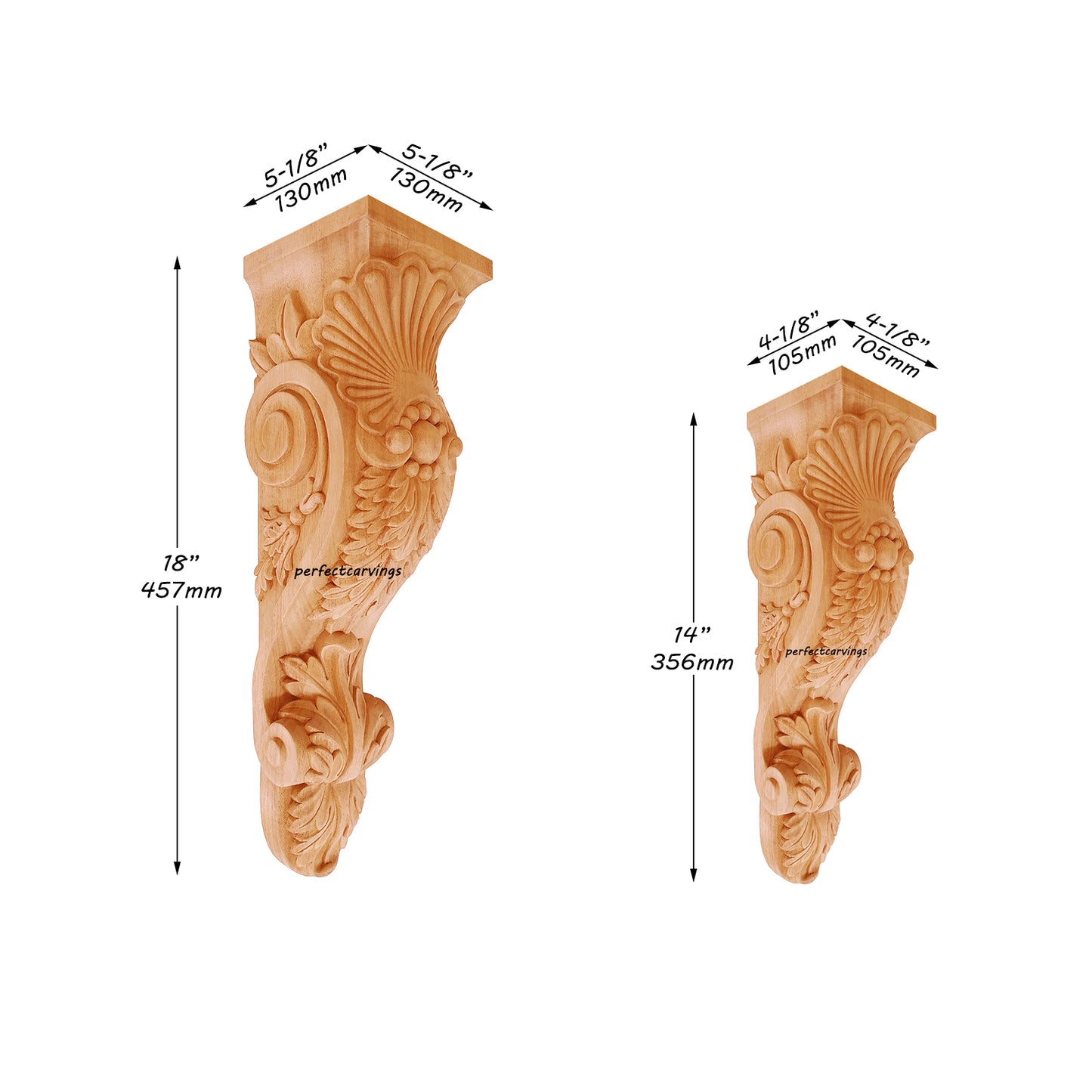 PAIR of Flourishing Leaves & Shell Carved Wood Corbels, Available from 7" to 18" High, Unfinished