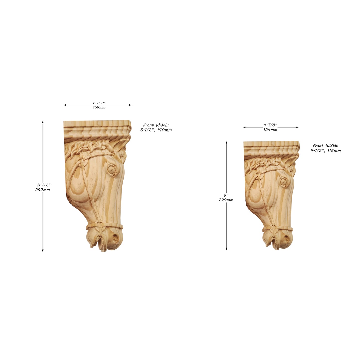 PAIR of Classic Horse Head Carved Wood Corbels, Available in 9" & 11-1/2" High