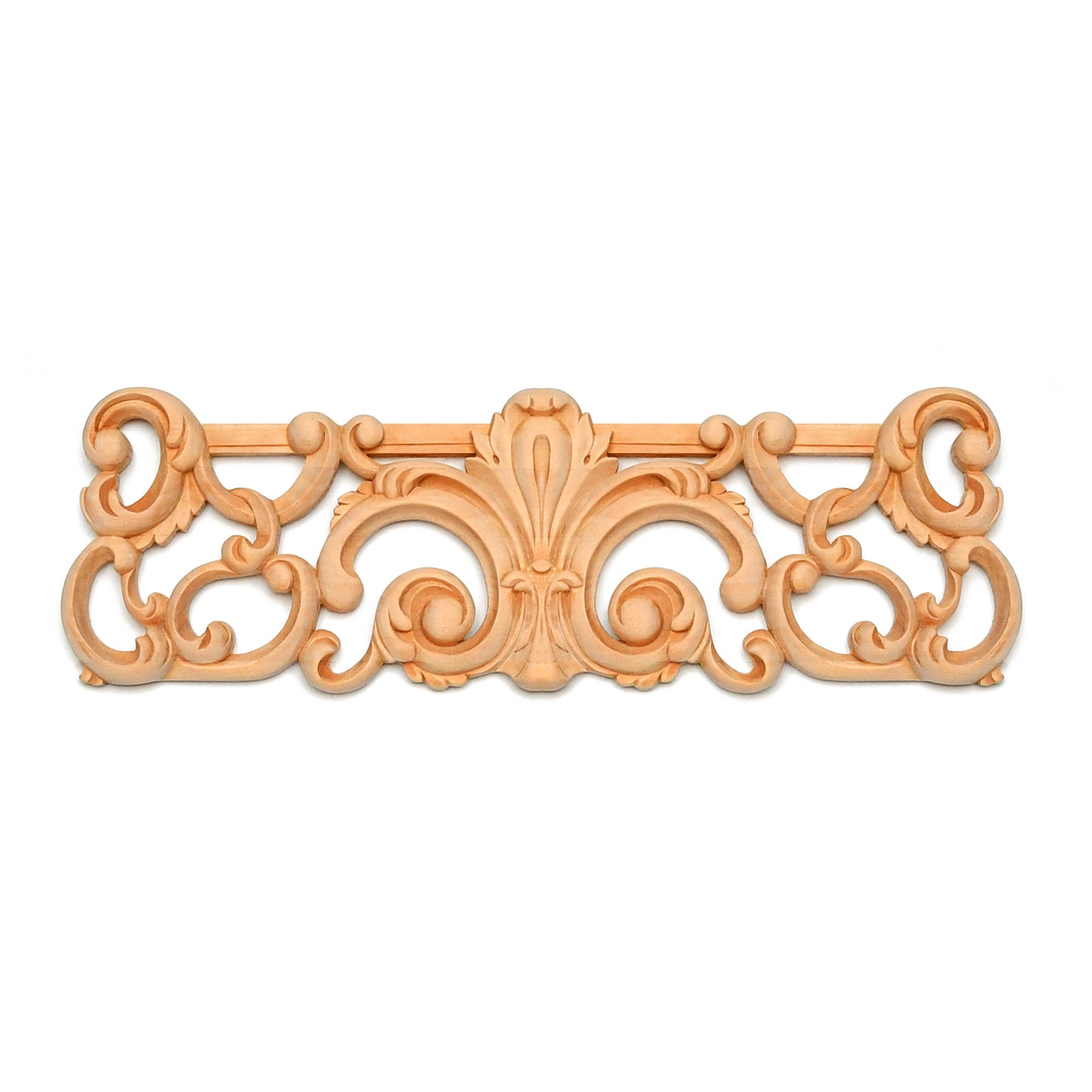 Wood Carved Leaf Scroll Plaque Applique, 14-1/8"Wx4-1/2"H