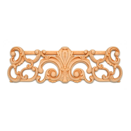 Wood Carved Leaf Scroll Plaque Applique, 14-1/8"Wx4-1/2"H