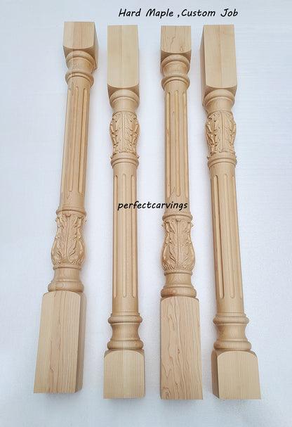 PAIR of CLM-08 Acanthus Carved 36"H Fluted Wood Posts, Square Columns