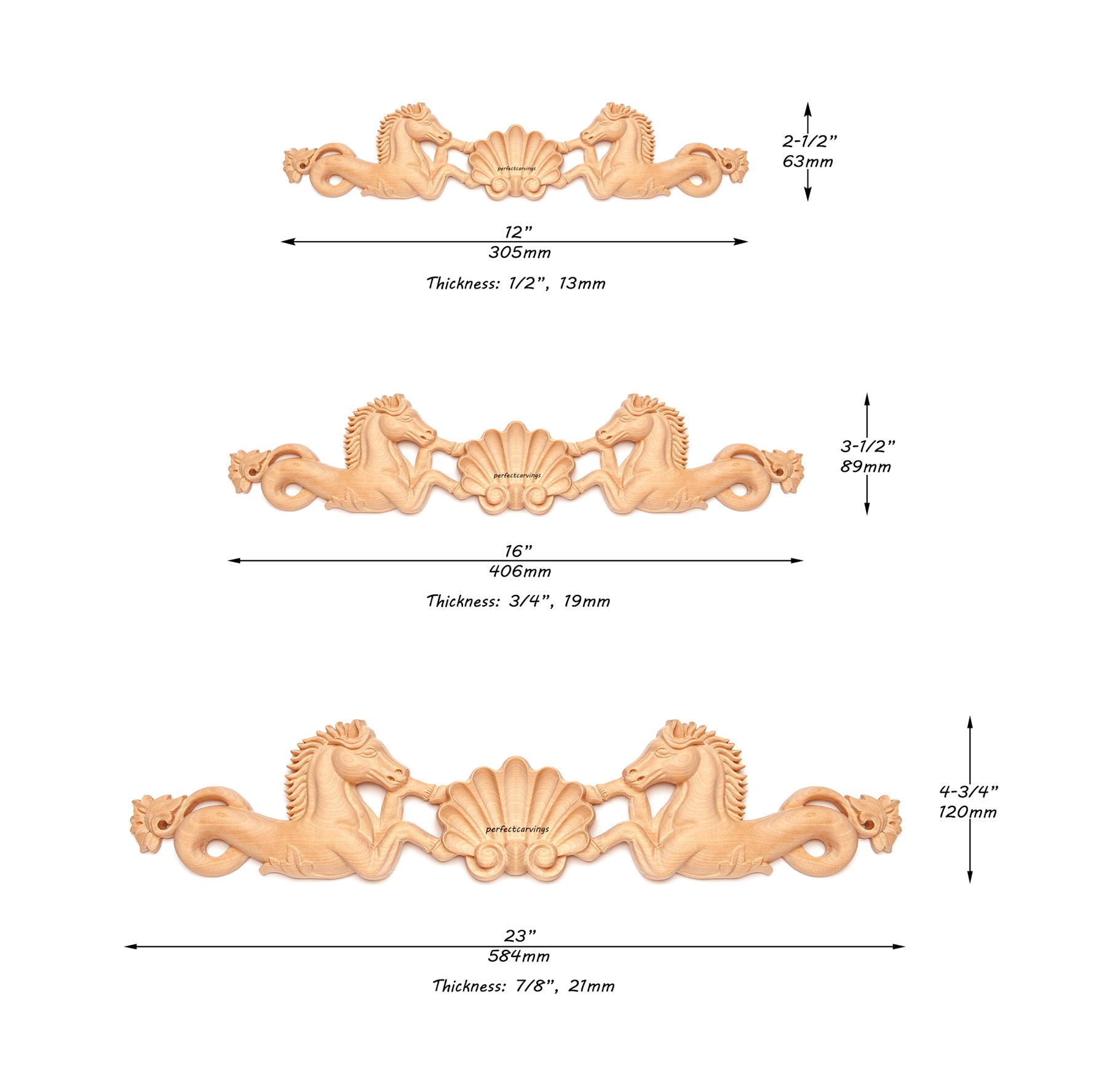 Horse Shell Carved Wood Applique Onlay, Available in 12