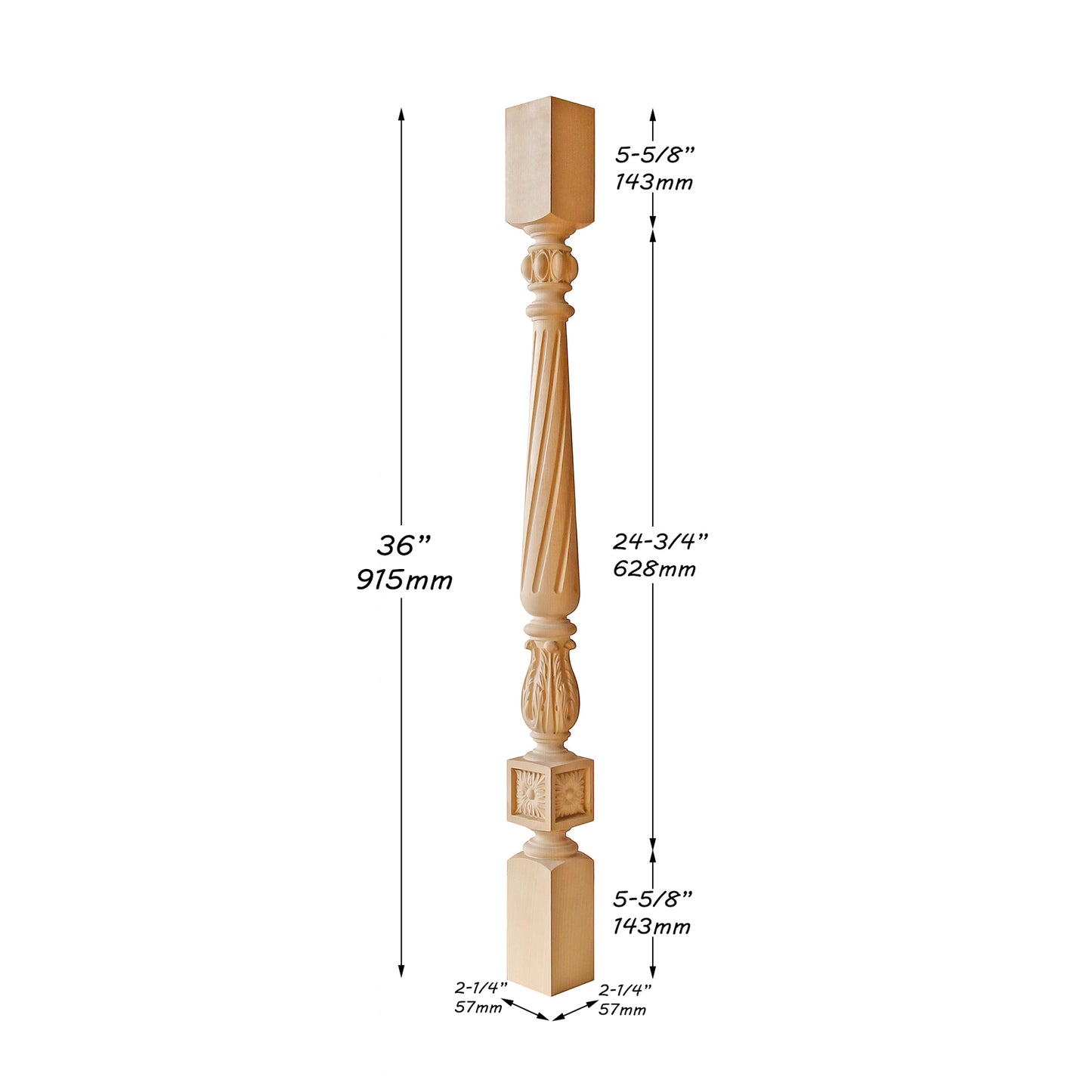 Set of 4, Solid Carved Spiral Flutes and Acanthus Carved Stair Balusters, Spindles, 2-1/4"x2-1/4"x36"H
