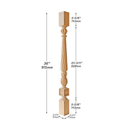 Set of 4, Solid Carved Spiral Flutes and Acanthus Carved Stair Balusters, Spindles, 2-1/4"x2-1/4"x36"H