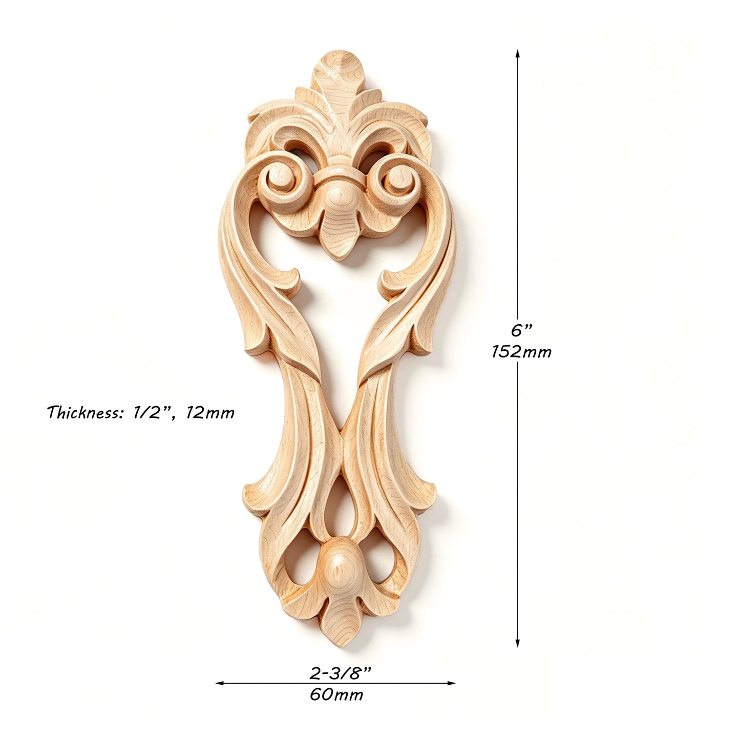 PAIR of Beautiful Wood Carved Leaf Drop Appliques Onlay, Available in 6", 8" & 11" High
