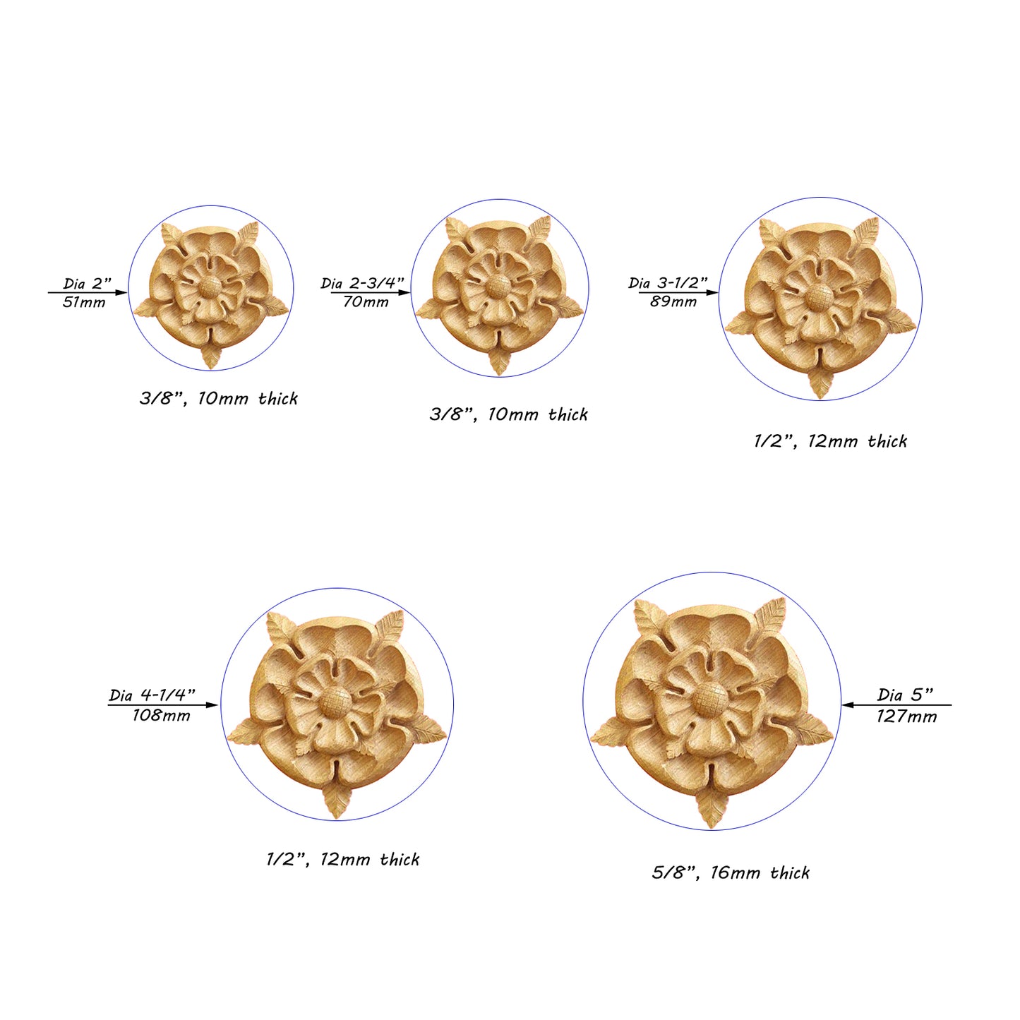 PAIR of Wood Carved Yorkshire Rose Rosettes Appliques, Available in 7 sizes