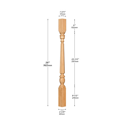 Set of 4,  SPD-08 Wood Carved Hexagon Stair Balusters, 38"High, Unfinished